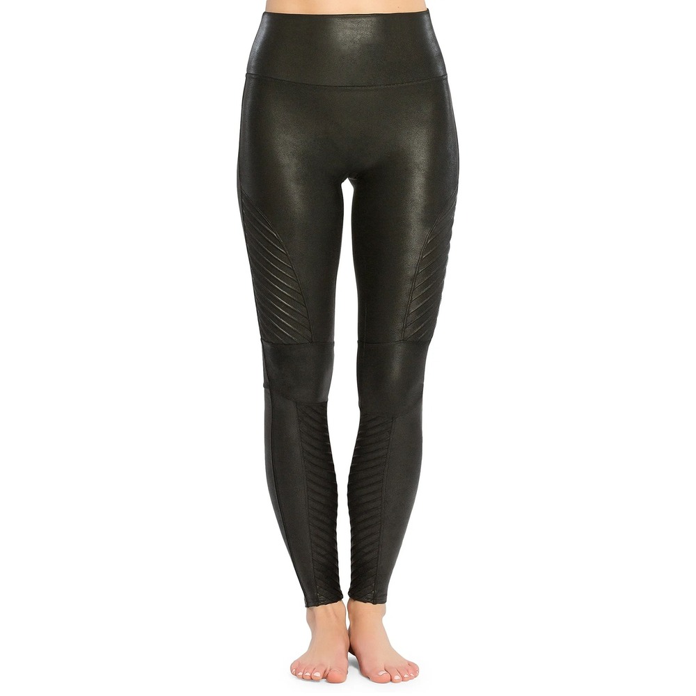 Spanx Faux Leather Moto Leggings Ribbed Detail Black Womens XS Petite